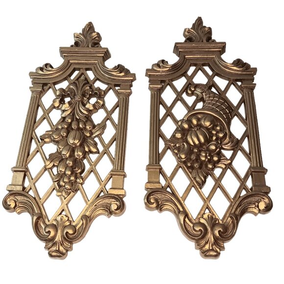1970’s Hollywood Regency Gold Wall Plaques Set Of Two Dart Industries Syroco - Picture 2 of 14